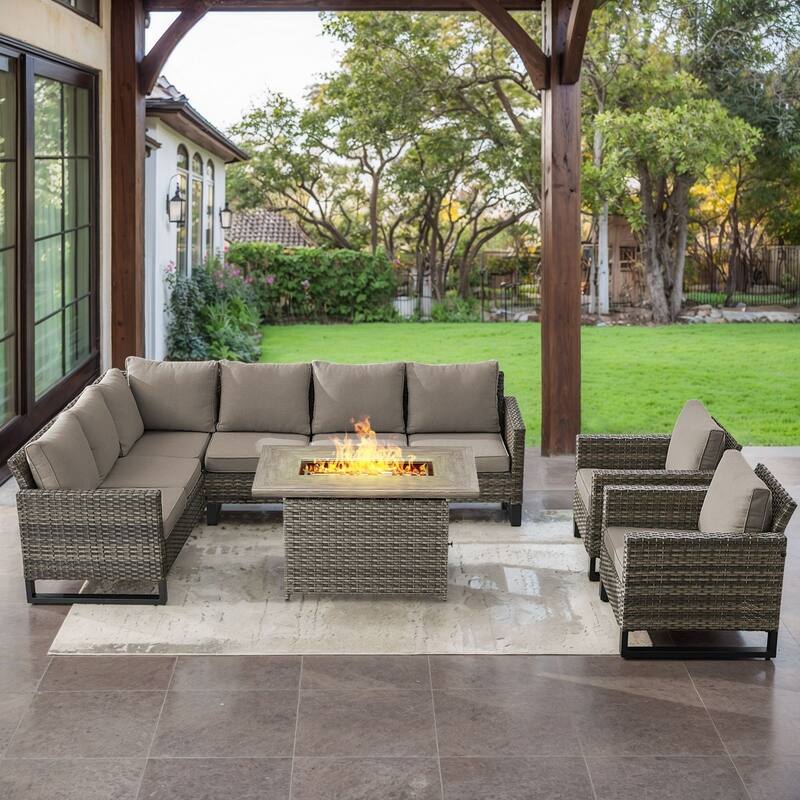 Gymojoy L-Shaped Outdoor Corner Sectional Sofa 6-seats Couch Conversation Set - 4 PCS - Fire Pit & Club Chairs - Grey Wicker / Grey Cusion