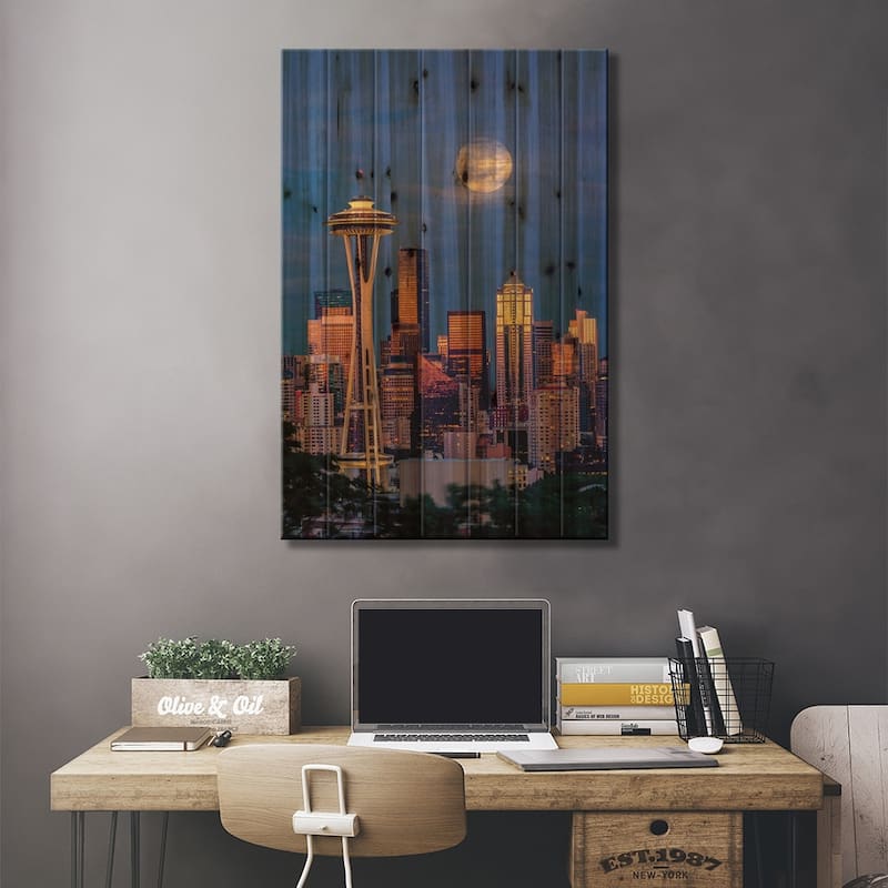 Seattle Skyline And Super Moon At Dusk, Seattle, Washington State Print On Wood by Adam Jones - Multi-Color