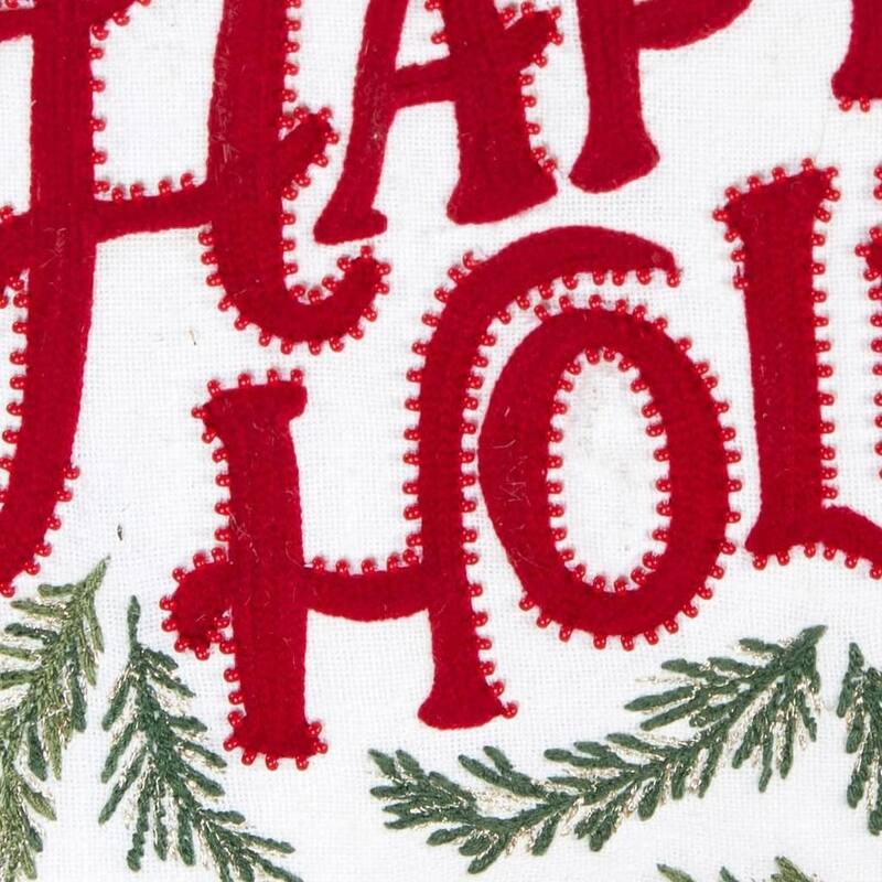 14" X 20" Ivory Red And Green Cotton Happy Holidays Throw Pillow With Embroidery