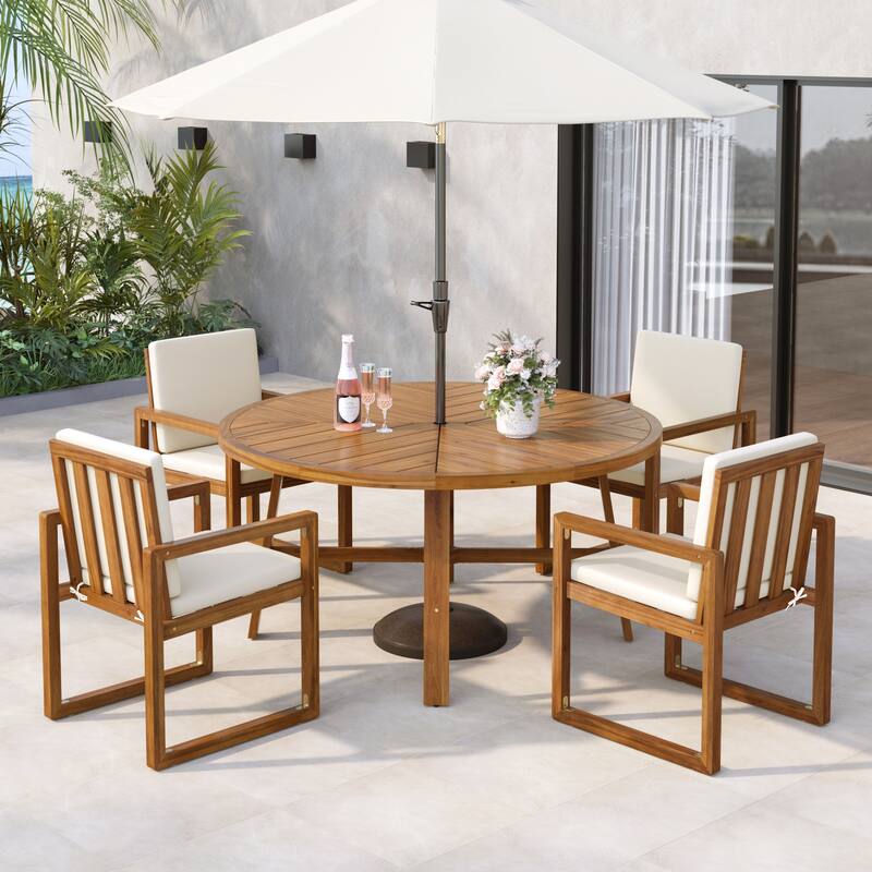 5-Piece Acacia Wood Outdoor Patio Dining Set - Includes 4 Armchairs & Table, Garden, Balcony, Backyard Durable Patio Furniture