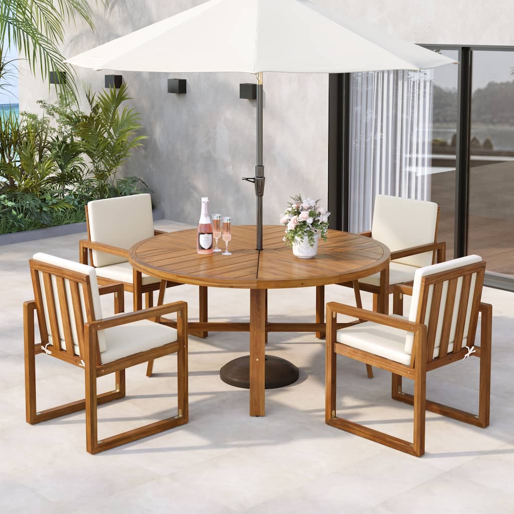 5-Piece Patio Dining Set Acacia Wood Outdoor Dining Set with Four Armchairs and a Table for Garden, Balcony, Backyard