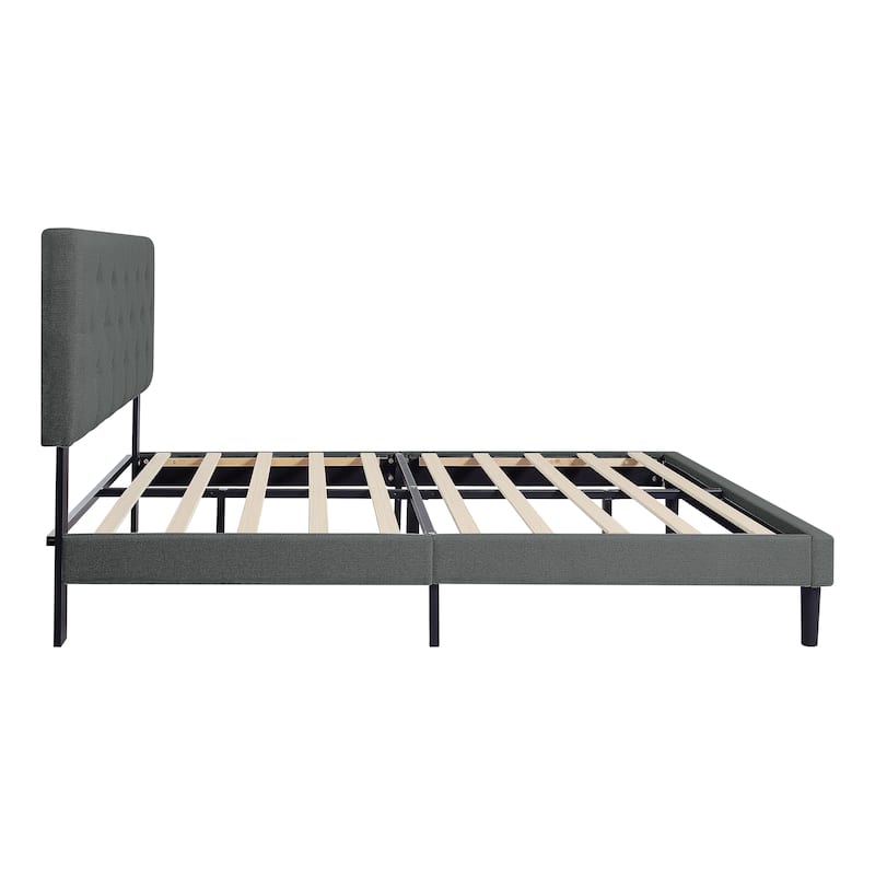 Dark Gray Queen Size Upholstered Platform Bed Frame with Button Tufted Linen Fabric Headboard