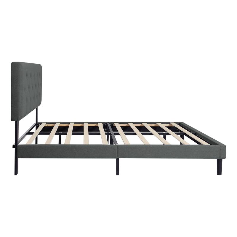 Twin Size Upholstered Platform Bed Frame with Button Tufted Linen Fabric Headboard, No Box Spring Needed, Wood Slat Support