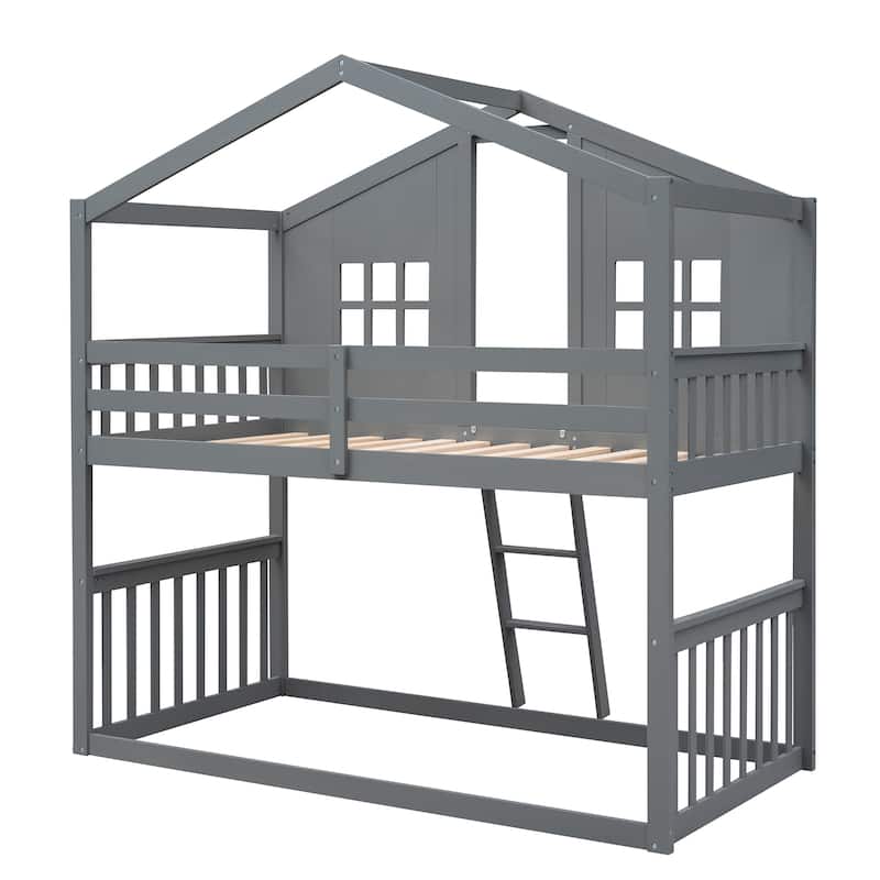 Twin Over Twin Wooden House Bunk Bed, Playhouse-Inspired Design with Ladder and Window, Solid Pine