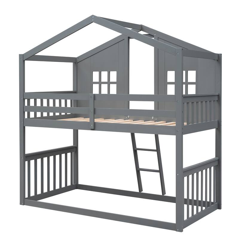 Twin Over Twin Wooden House Bunk Bed with Ladder, Gray Finish - No Box Spring Needed