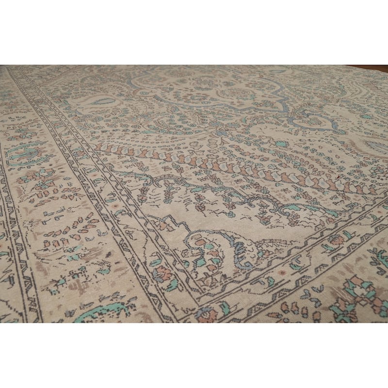 Traditional Beige Tabriz Persian Area Rug Handmade Wool Carpet - 10'3"x 12'8"