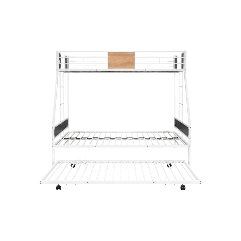 Twin Over Full Metal Bunk Bed with Trundle - Heavy-Duty, Noise-Reduced, Safety Guardrail, Wooden Deco, CPC Certified