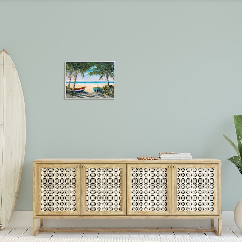 Stupell Row Boats on Beach Shore Tropical Palm Trees Framed Wall Art