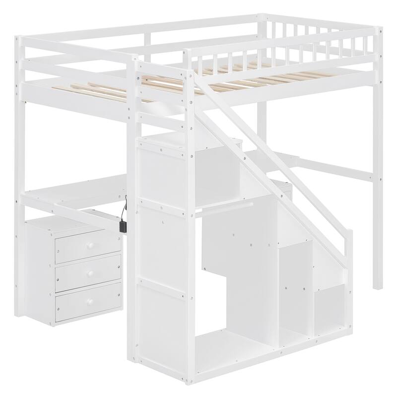 Roomfitters Twin/Full Size Loft Bed with Desk, Two Chests of Storage Drawers and Lighting