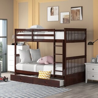 Twin over Twin Wooden Bunk Bed with Ladders and Two Storage Drawers - Space-Saving Bedroom Furniture