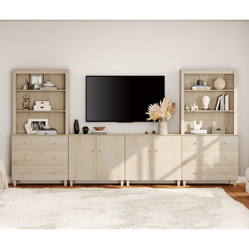 WAMPAT Wall Unit Entertainment Center for 75" TVs with Drawers&Doors - Light Oak