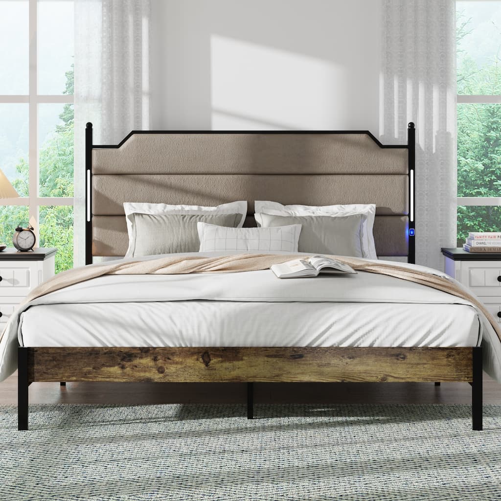 Bed Frame with Charging Station and LED Lights, Wood Slats