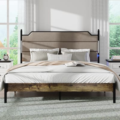 King Size Bed Frame with Charging Station and LED Lights