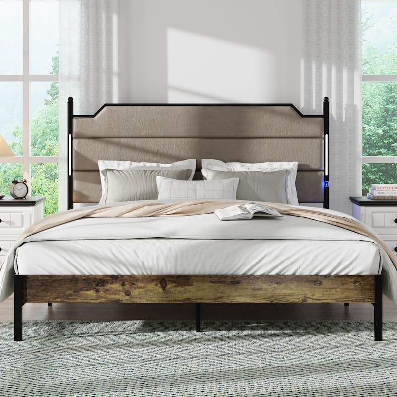 King Size bed Frame with Upholstered Headboard , Queen bed Frame with Charging Station and LED Lights, Wood Slats
