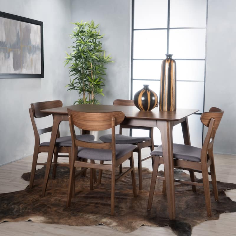 Idalia Fabric and Rubberwood 5-piece Wood Rectangular Dining Set by Christopher Knight Home - Natural Walnut + Dark Grey