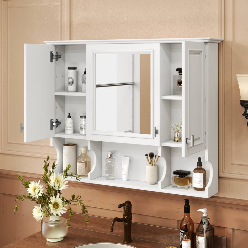 35'' x 28'' Wall Mounted Bathroom Cabinet, Modern Bathroom Wall Cabinet with Mirror and Open Shelves