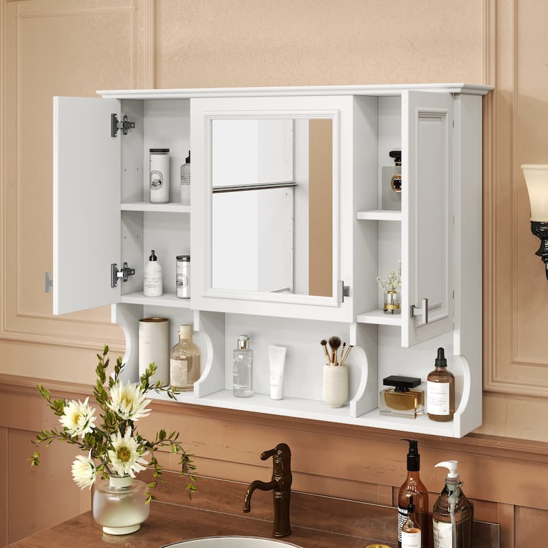 35'' x 28'' Wall Mounted Bathroom Medicine Cabinet, Modern Bathroom Wall Cabinet with Mirror, Mirror Cabinet with Open Shelves
