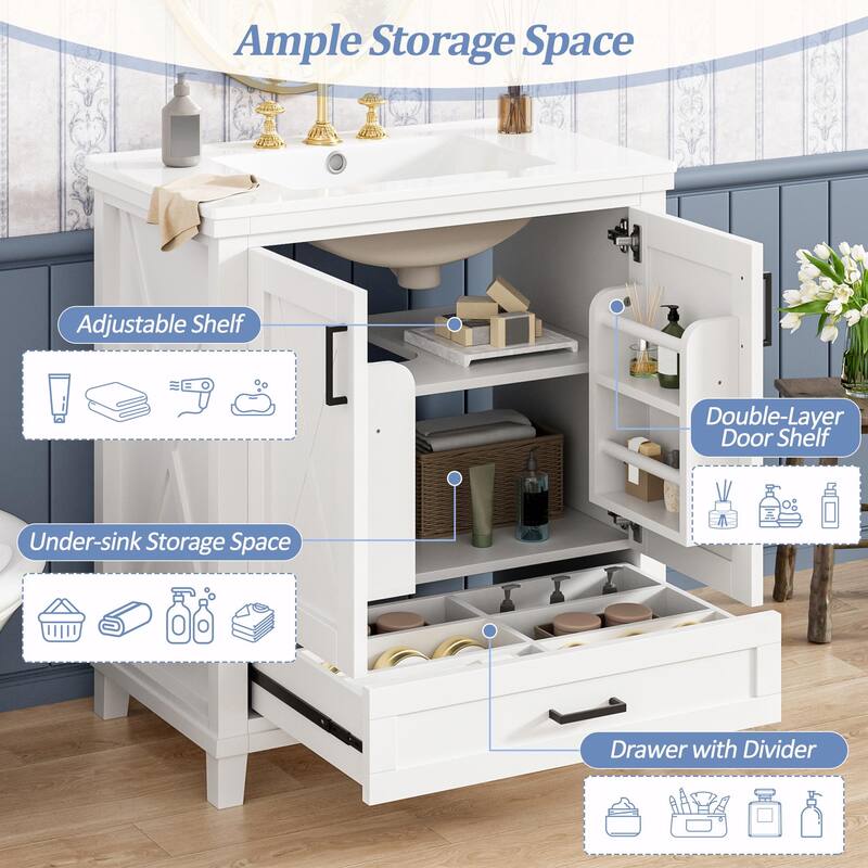 30" Bathroom Vanity - Solid Wood Frame, Single Sink, 2 Soft-Close Doors, Divided Drawer & Dual Storage Shelves