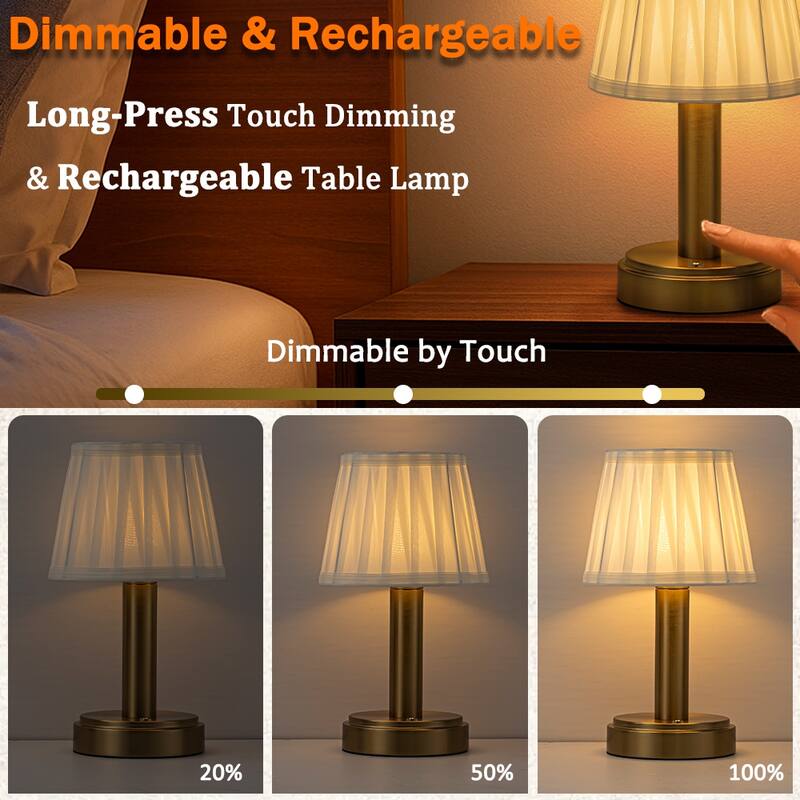 11'' Vintage Rechargeable Cordless LED Table Lamp Touch Control Mini Desk Lamp with Fabric Shade for Bedroom Living Room(2 Pack)