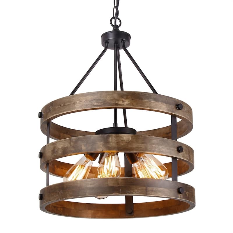 Modern Farmhouse 5-Light Drum Wood Chandeliers Cage Pendant Light for Dining Room - 18" D x 23" H - 18" D x 23" H