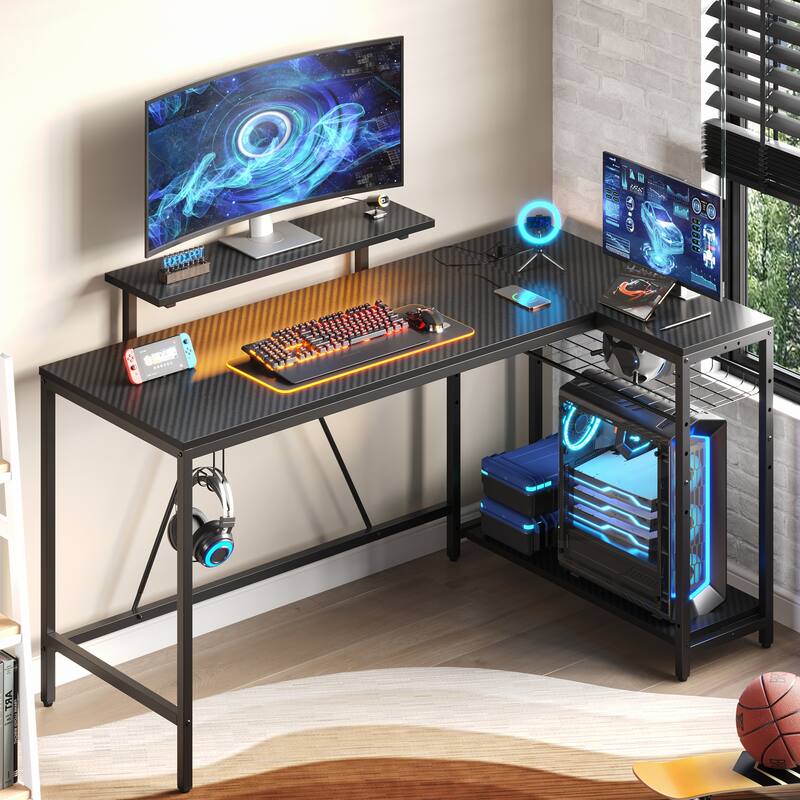 Reversible L Shaped Desk LED Computer Desk with Power Outlets and Monitor Stand Office Desk
