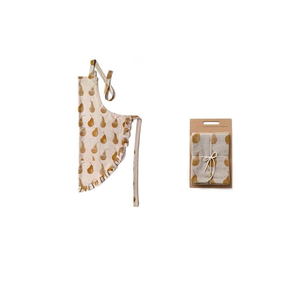 Set of Dark Green Pear Patterned Apron with Matching Tea Towels - 31"W x 1"D x 38" H