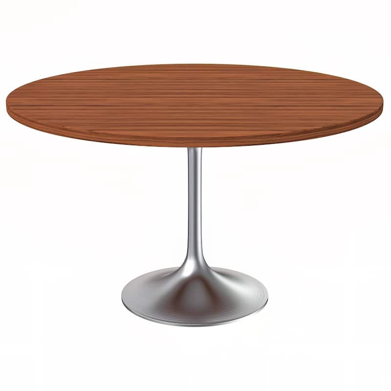 LeisureMod Verve 48" Round Dining Table with MDF Wood TableTop and Brushed Chrome Base for Kitchen & Dining Room - Cognac Brown