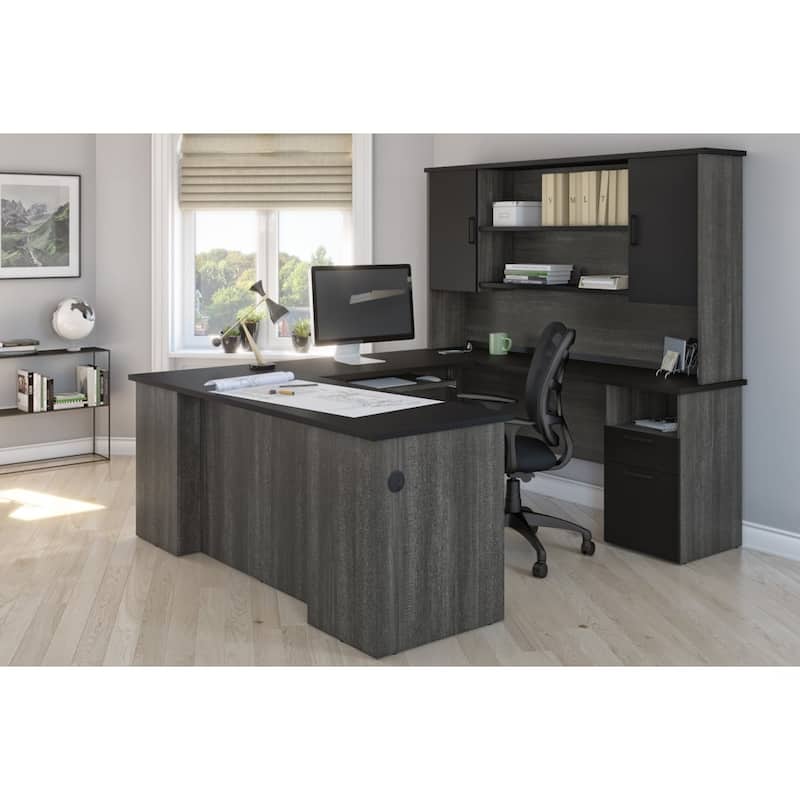 Bestar Norma 71W U or L-Shaped Executive Desk with Hutch - Black & Bark Gray