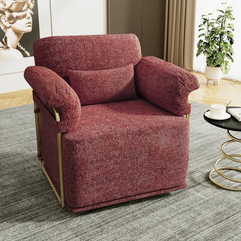 360 Degree Barrel Swivel Fluffy Fabric Lounge Wide Upholstered Reading Chair with Gold Metal Legs