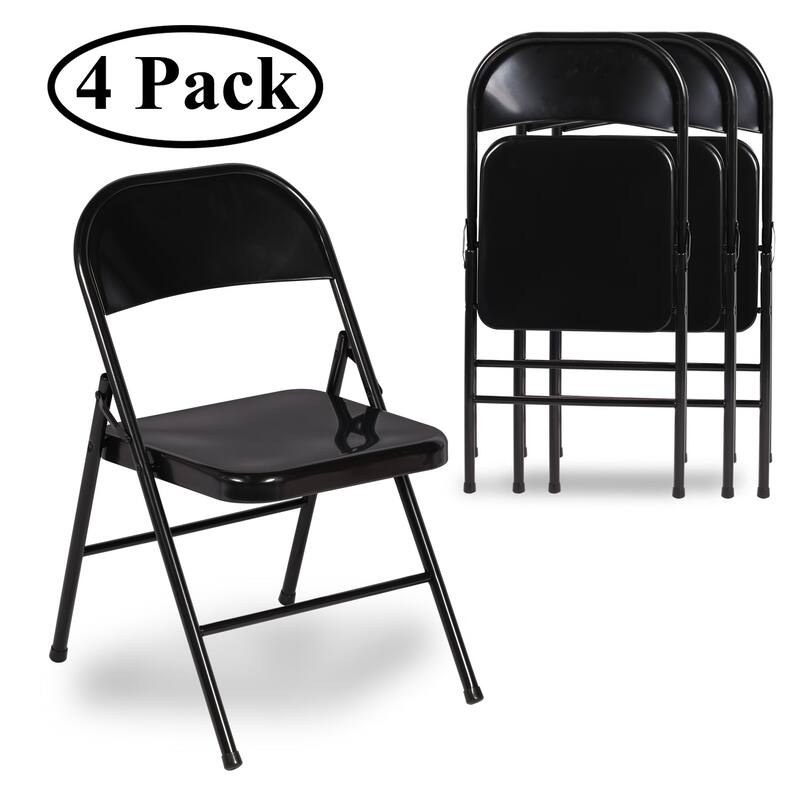 VECELO Folding Chairs Set of 4 Metal Frame Steel Seat with Triple Braced - Black