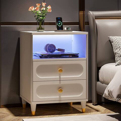 LED Nightstand, Modern 2-Drawer Nightstand Bedside Table