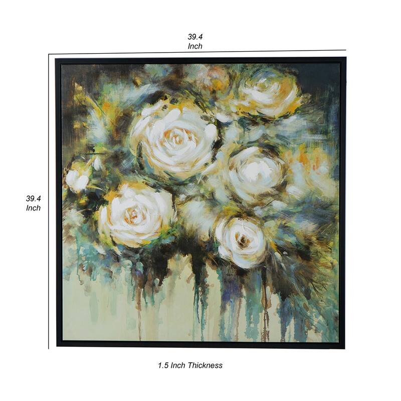 39 x 39 Framed Wall Art, Dreamy Floral Hand Painting, Black, Green, White