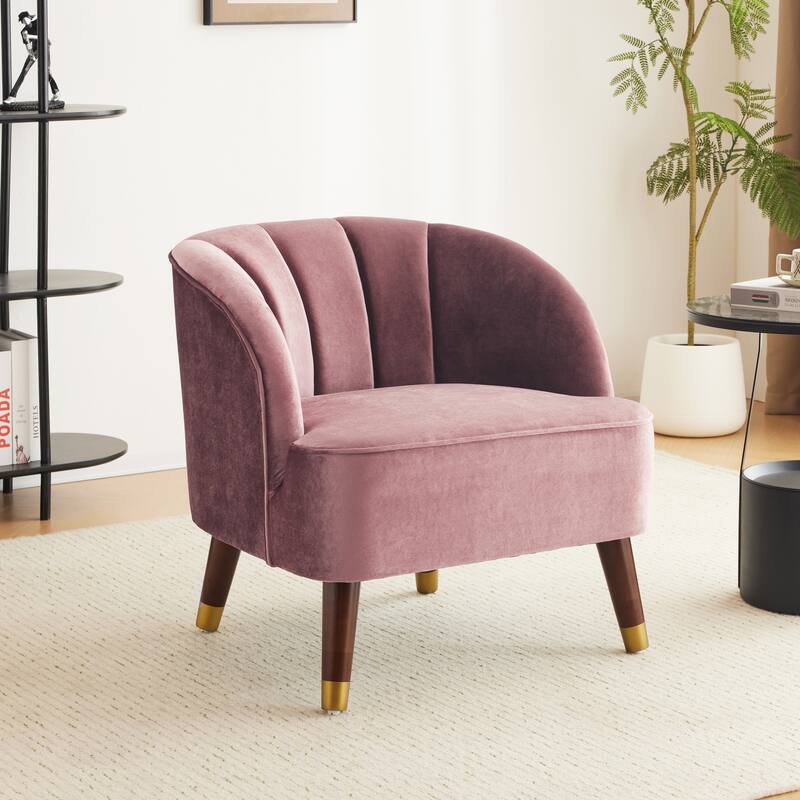 Velvet Barrel Accent Chair, Comfy Upholstered Single Sofa Side Chair, Lounge Armchair with Curved Tufted Back & Wooden Legs - Blush