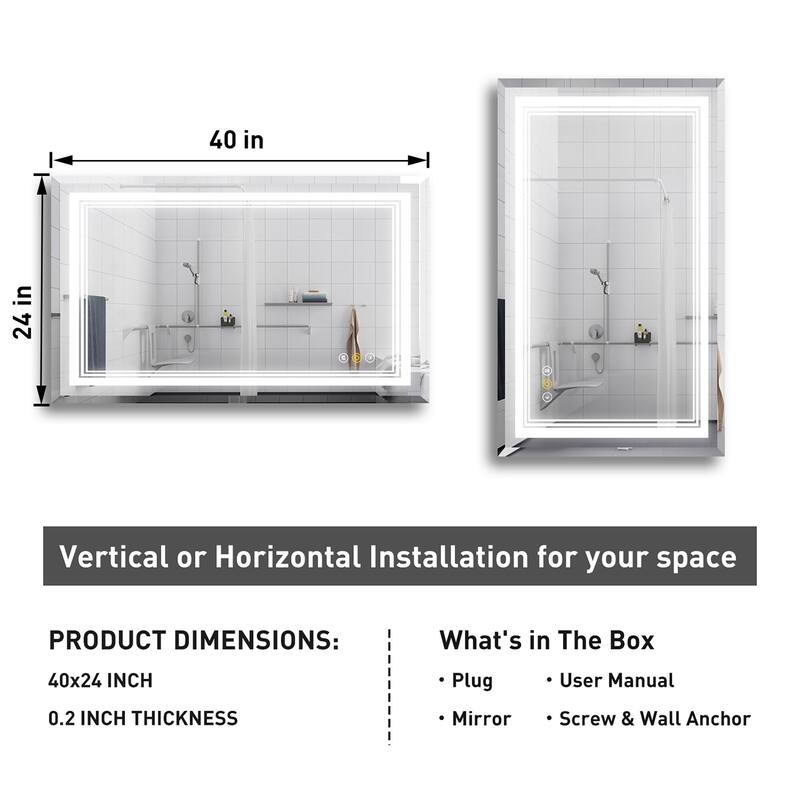 RS Rectangular Wall Mount Vanity Mirror with Lights for Bathroom, 3 Colors Dimmable LED, Anti-Fog, Memory Function
