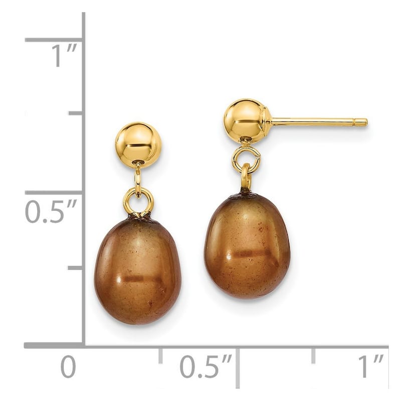 Curata 14k Yellow Gold 7-7.5mm Brown Freshwater Cultured Pearl Dangle Earrings 17x7.5mm