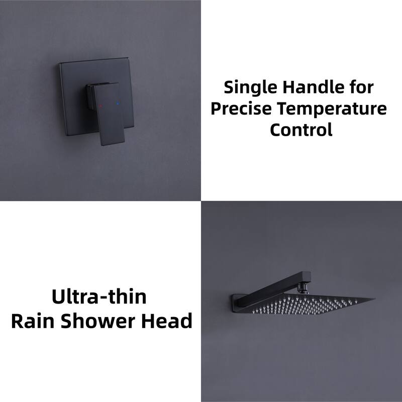 Modland Single Handle Matte Black Rain Shower System with 10" Shower Head and Rough-In Valve