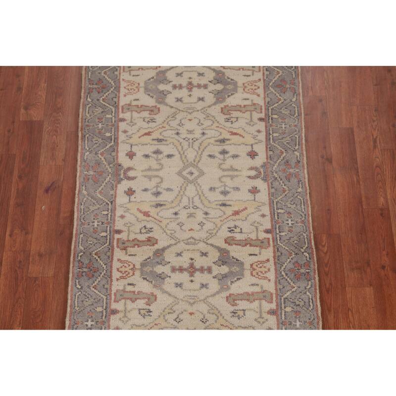 All-Over Beige Oushak Oriental Runner Rug Handmade Wool Carpet - 2'7" x 7'8"