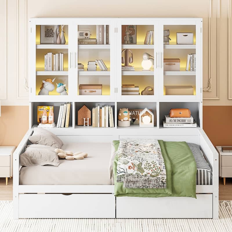 Wooden Daybed with Glass-Door Storage Cabinets Built-in LED Lighting and Shelves - White - Full