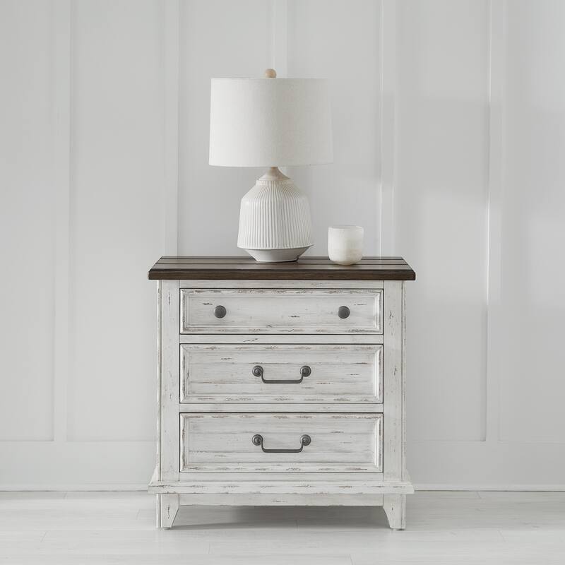 River Place Riverstone White & Tobacco Panel Bed, Dresser, Mirror, and Nightstand Set