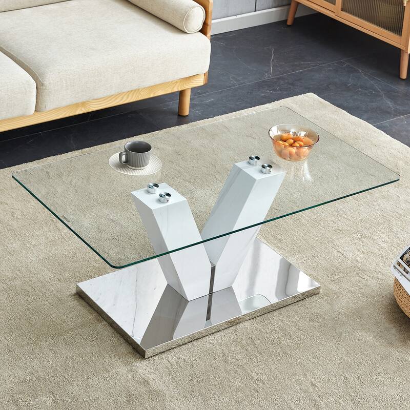 43.3" Modern Rectangular Coffee Table with MDF Pillars and Stable Base for Living Room