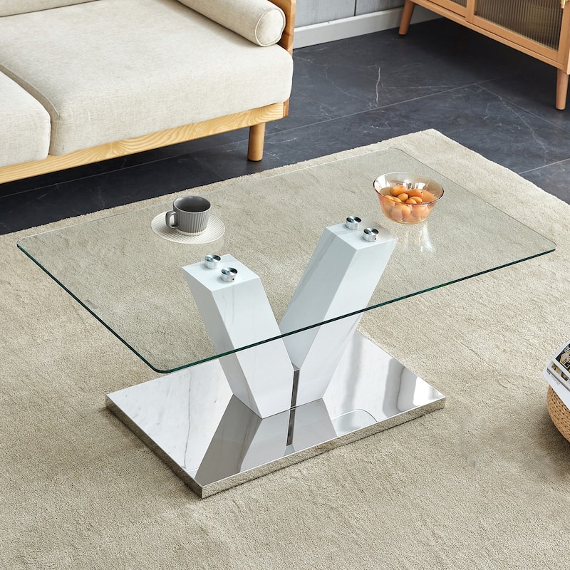 Modern minimalist transparent tempered glass coffee table with marble patterned MDF legs stainless steel decorative columns
