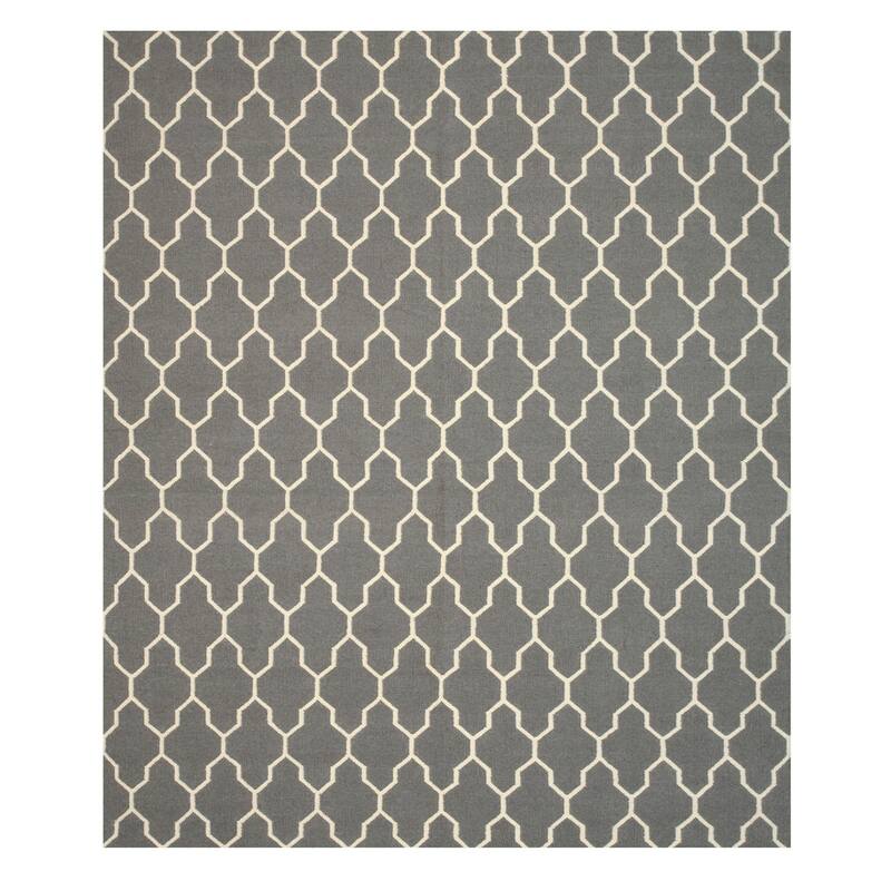 Gray Wool Reversible Kilim Rug 8x10 - Stylish Handmade Flatweave with Timeless Trellis Detailing - N/A