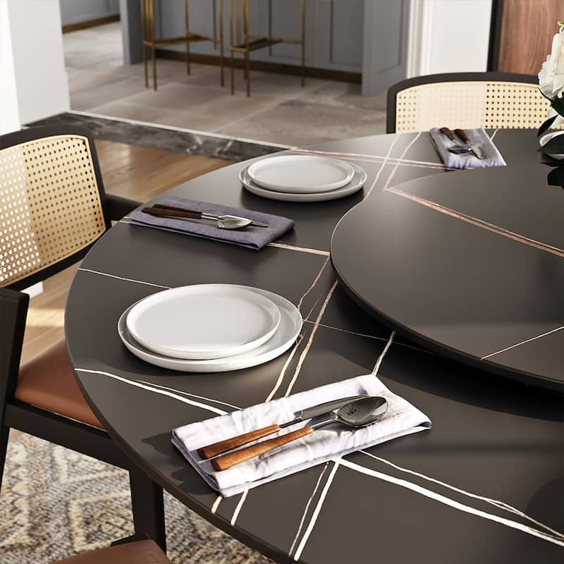 Modern Round White Dining Table，Sintered Stone Tabletop, Solid Black Carbon Steel Base