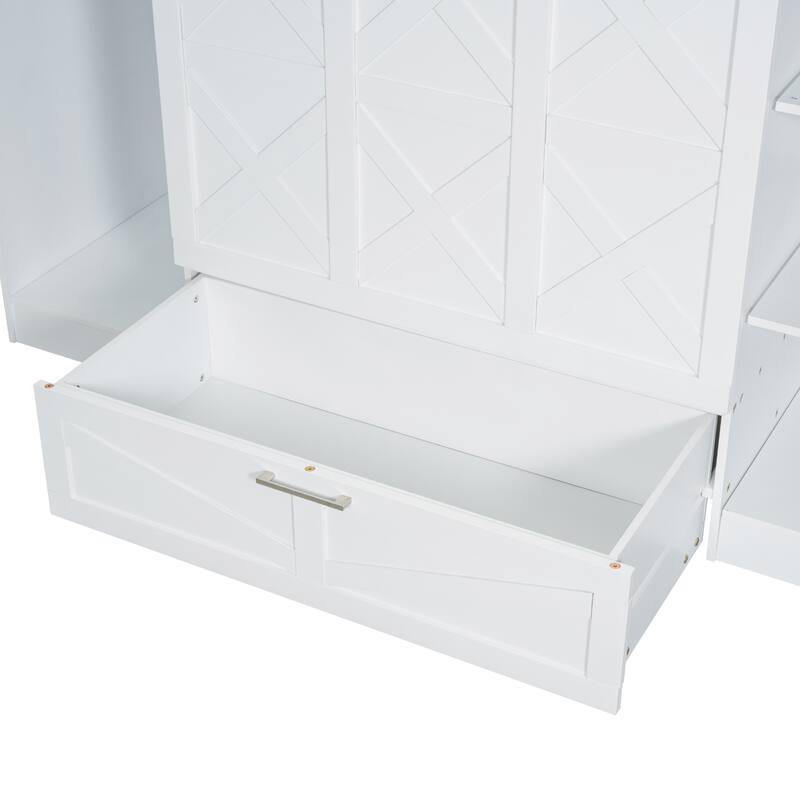 Twin Murphy Bed with Wardrobe, Bookcase Shelves & Pull-Out Drawer, Solid Wood Frame in White