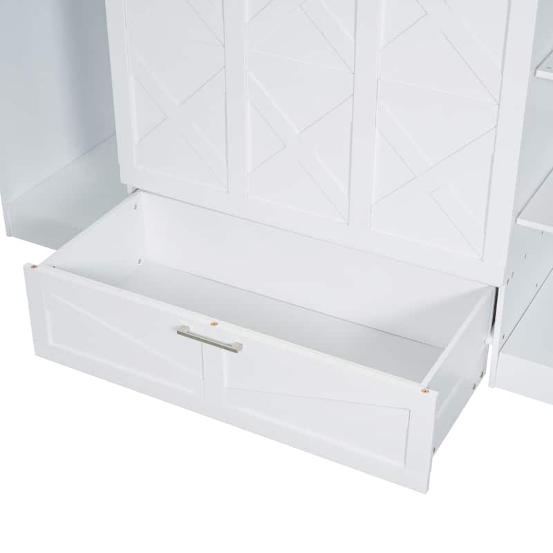 Twin Size Wood Murphy Bed with Bedside Shelves and Wardrobe, Modern Hidden Wooden Wall Bedframe No Box Spring Needed