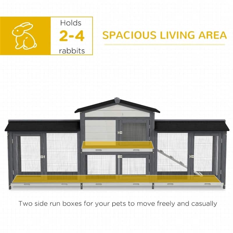 Outdoor Wooden Bunny Hutch with Run Boxes and Asphalt Roof Ramp and Removable Trays for 2-4 Rabbits