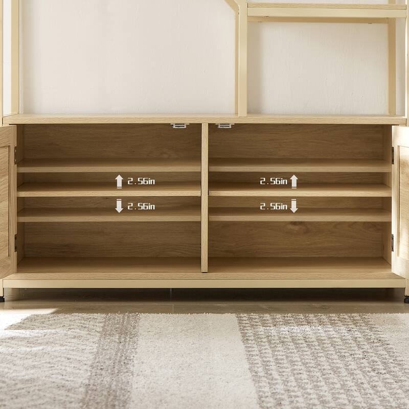 Rattan Bookshelf Storage Rack with Cabinet and 7 Open Display Shelves