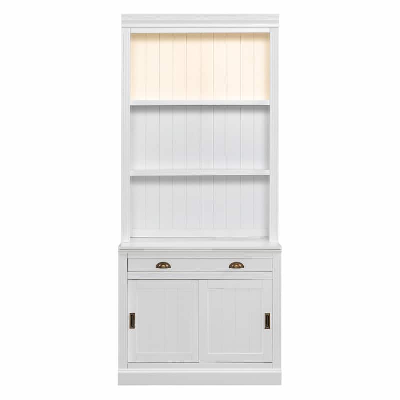 83.4" Tall Bookshelf with LED Lighting, Sliding Doors and Open Shelves