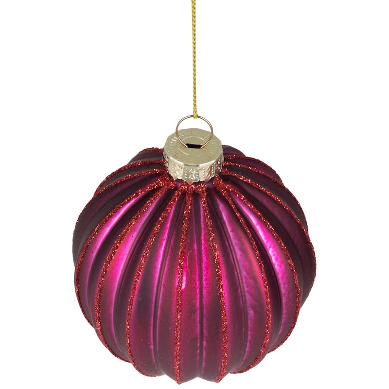 Ribbed Glittered Glass Ball Christmas Ornaments - 3" (75mm) - Maroon - 4ct