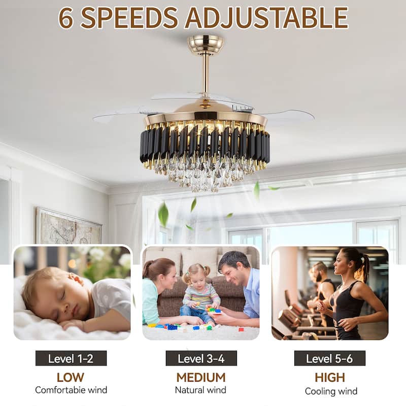 48" Crystal Fandelier Ceiling Fan with Light and Retractable Blades LED Dimmable for Bedroom Living Room - 48 Inches